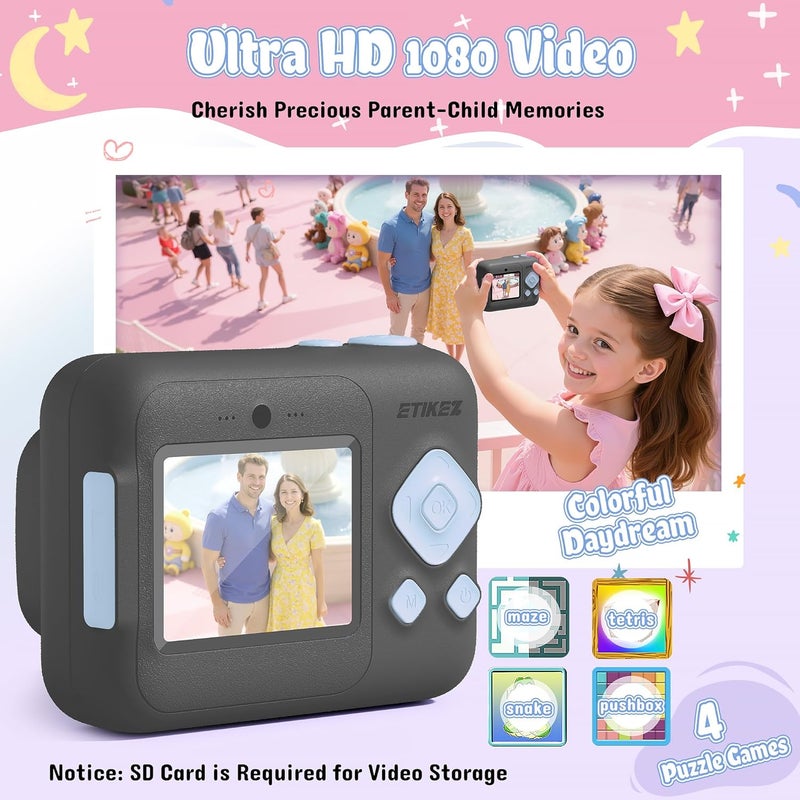 ETIKEZ Kids Camera, 1080P Instant Digital Print Camera for Kids, Christmas Birthday Gifts for 4 5 6 7 8 9 10 Year Old Girls Boys, Portable Toy with 32GB SD Card & 3 Rolls Printing Paper, Black - Image 4